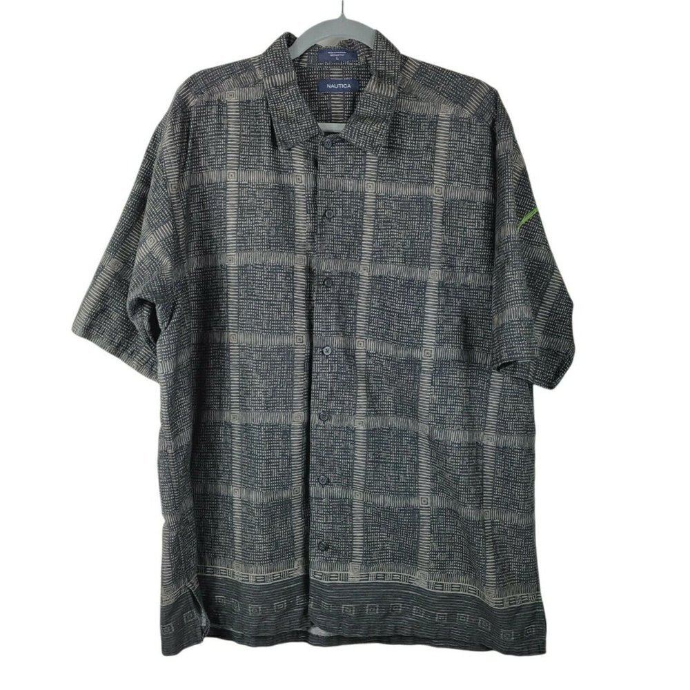 Nautica Men's Casual Button Front Shirt Short Sleeve Black & Tan Sz Large Collar